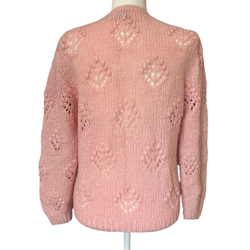 Vintage Chunky Knit Pink Cardigan Acrylic Button Up Leaf Stitch Womens Small - Picture 2 of 6